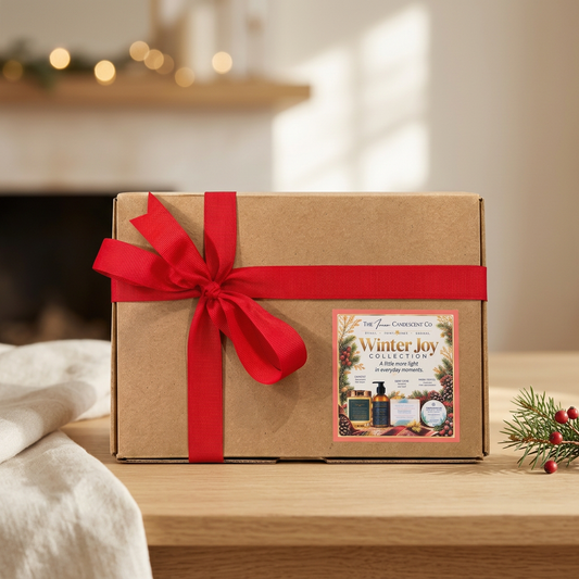 Square Winter Joy gift box in an enhanced cozy setting